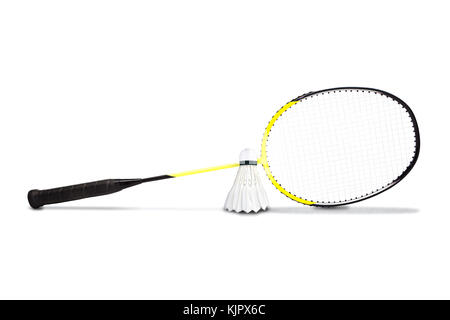 Yellow Graphite badminton racket and shuttlecock isolated on white background Stock Photo