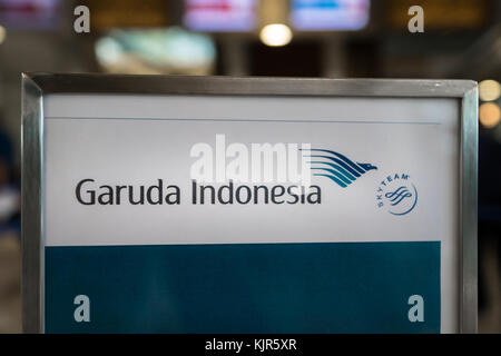 Jakarta, Indonesia - November, 2017: Garuda Indonesia airline's logo at Jakarta (Soekarno-Hatta) International Airport. Stock Photo