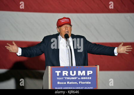 BOCA RATON, FL - MARCH 13: Republican presidential candidate Donald Trump speaks during his campaign rally at the Sunset Cove Amphitheater on March 13, 2016 in Boca Raton, Florida. Mr. Trump continues to campaign before the March 15th Florida primary.   People:  Donald Trump Stock Photo