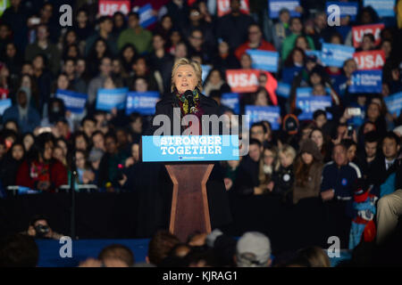 PHILADELPHIA, PA - OCTOBER 22: Tim Kaine and Hillary Clinton campaign for President and Vice-President of the United States at University of Pennsylvania on October 22, 2016 in Philadelphia, Pennsylvania.   People:  Hillary Clinton Stock Photo