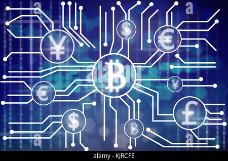Abstract photo of FINTECH connection over the digital number on dark blur background, Showing the cryptocurrency or digital money, Fintech concept Stock Photo