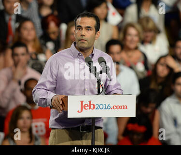 MIAMI, FL - JUNE 15: Former Florida Governor Jeb Bush announces his candidacy for the 2016 Republican Presidential nomination during a rally at Miami Dade College on June 15, 2015 in Miami, Florida   People:  George P. Bush Stock Photo