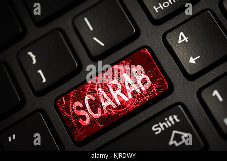 Message on broken red enter key of keyboard. Computer Scarab virus attack. Copy space Stock Photo