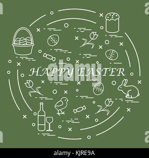 Cute vector illustration with different symbols for Easter arranged in a circle. Including icons of Easter cake, chick, baskets, eggs and other. Desig Stock Vector
