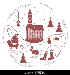 Vector illustration of different new year and christmas symbols arranged in a circle. Stock Vector