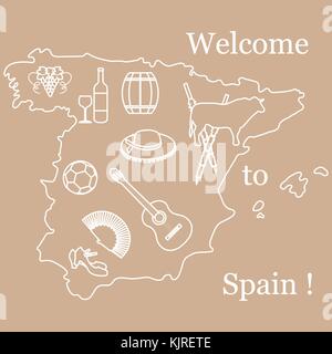 Vector illustration with various symbols of Spain. Travel and leisure. Design for banner, poster or print. Stock Vector