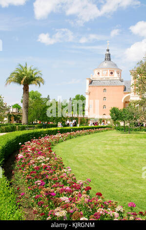 Parterre gardens and Royal Palace. Aranjuez, Madrid province, Spain. Stock Photo