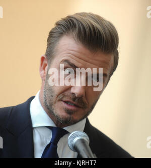 NEW YORK, NY - SEPTEMBER 24:  UNICEF Goodwill Ambassador David Beckham listen as United Nations Secretary-General Ban Ki-moon speaks at the Unveiling of A Digital Installation To Bring The Voices Of Young People To the UN General Assembly at United Nations on September 24, 2015 in New York City   People:  David Beckham Stock Photo