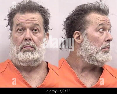 COLORADO SPRINGS, CO - NOVEMBER 27: A police officer (Garrett Swasey, 44) and two civilians died Friday after a man wearing hunting gear and armed with a 'long gun' went on a shooting spree inside a Planned Parenthood clinic. Police detained shooter Robert Lewis Dear age 57 at the Planned Parenthood building on November 27, 2015 in Colorado Springs, Colorado.  People:  Robert Lewis Dear Stock Photo