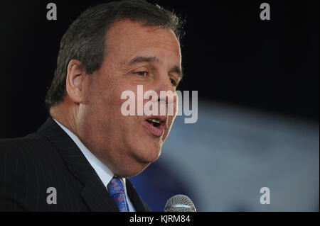 WHIPPING, NJ - MARCH 24:  New Jersey Gov. Chris Christie holds a town-hall meeting,  at the Hanover Township Community Center in Whippany New Jersey on March 24, 2014 in Whippany, New Jersey.   People:  Gov. Chris Christie Stock Photo