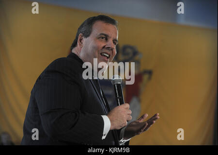 WHIPPING, NJ - MARCH 24:  New Jersey Gov. Chris Christie holds a town-hall meeting,  at the Hanover Township Community Center in Whippany New Jersey on March 24, 2014 in Whippany, New Jersey.   People:  Gov. Chris Christie Stock Photo