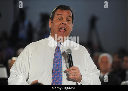 WHIPPING, NJ - MARCH 24:  New Jersey Gov. Chris Christie holds a town-hall meeting,  at the Hanover Township Community Center in Whippany New Jersey on March 24, 2014 in Whippany, New Jersey.   People:  Gov. Chris Christie Stock Photo