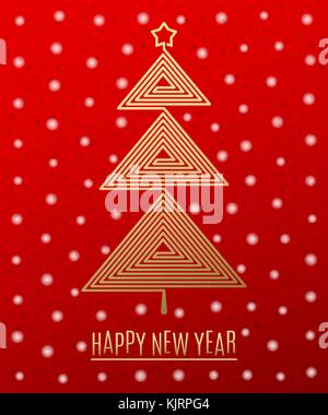 Christmas Tree and New Year Greeting. Golden Christmas Tree with Star consist of Curved Line in the Spiral Shape, on the Red Background with White Sno Stock Vector