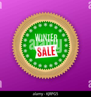 Holiday Banner of Winter Sale. Green Golden Badge with Offer of Winter Sale, on the Pink Background. Bright Poster with Advertising in Round Frame Stock Vector
