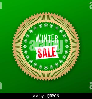 Holiday Banner of Winter Sale. Green Golden Badge with Offer of Winter Sale, on the Green Background. Bright Poster with Advertising in Round Frame Stock Vector