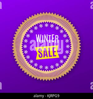 Holiday Banner of Winter Sale. Purple Golden Badge with Offer of Winter Sale, on the Purple Background. Bright Poster with Advertising in Round Frame Stock Vector