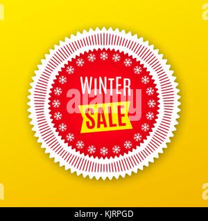 Holiday Banner of Winter Sale. Red White Badge with Offer of Winter Sale, on the Yellow Background. Bright Poster with Advertising in Round Frame Stock Vector