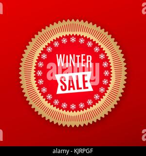 Holiday Banner of Winter Sale. Red Golden Badge with Offer of Winter Sale, on the Red Background. Bright Poster with Advertising in Round Frame Stock Vector