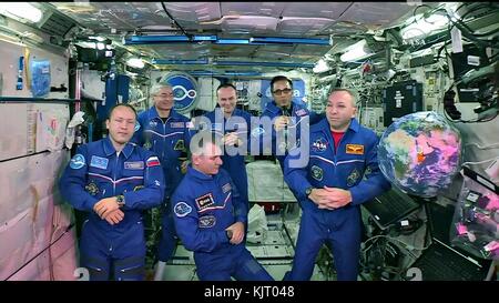 NASA Expedition 53 prime crew members (back, L-R) American astronaut Mark Vande Hei, Russian cosmonaut Alexander Misurkin of Roscosmos, American astronaut Joe Acaba, (front, L-R) Russian cosmonaut Sergey Ryazanskiy of Roscosmos, Italian astronaut Paolo Nespoli of the European Space Agency, and American astronaut Randy Bresnik talk to Pope Francis during a video call aboard the International Space Station October 26, 2017 in Earth orbit.   (photo by NASA Photo via Planetpix) Stock Photo