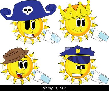 Cartoon sun drinkig water from a glass bottle. Collection with costume. Expressions vector set. Stock Vector