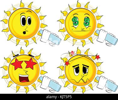 Cartoon sun drinkig water from a glass bottle. Collection with various facial expressions. Vector set. Stock Vector