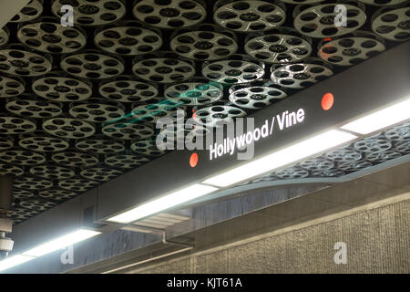 The Ceiling is decorated with film spools at the subway station in LA at Hollywood and Vine Stock Photo