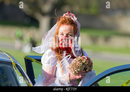 Witton Castle, Bishop Auckland, Co. Durham, England. 29th October, 2017. Charity fun runners, pursued by zombies, take part in a 5k run. Stock Photo