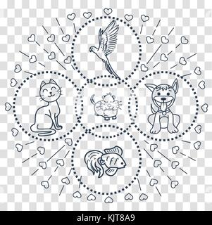 icons in the linear style of the parrot. kitten, puppy, fish, hamster for veterinary clinic, pet shop Stock Vector
