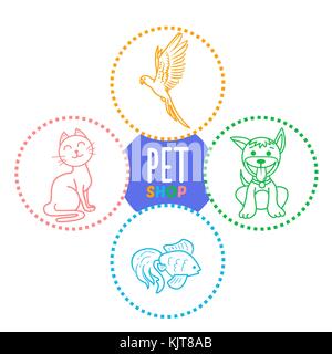 concept of a pet shop in the form of linear icons puppy, kitten, fish and parrot . Icon in the linear style Stock Vector