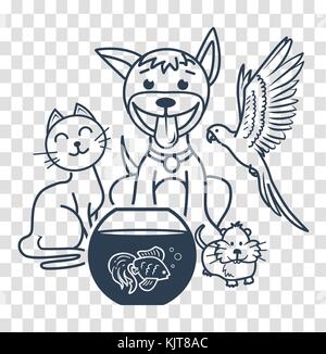 Home pets sitting in line, isolated on white, vector cartoon illustration, cat dog hamster bird parrot, fish in the aquarium. icon in the linear style Stock Vector