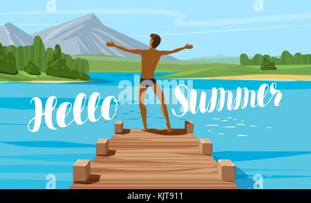 Vacation, travel, journey concept. Hello summer lettering. Vector illustration Stock Vector