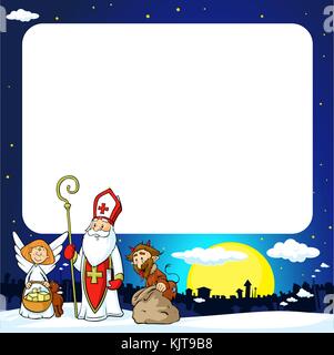 Saint Nicholas, devil and angel in town - vector illustration frame .During the Christmas season they are warning and punishing bad children and give  Stock Vector