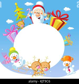 Merry Christmas frame design with Santa Claus Sleigh, Christmas Tree, Snowman and Cute Animal Stock Vector