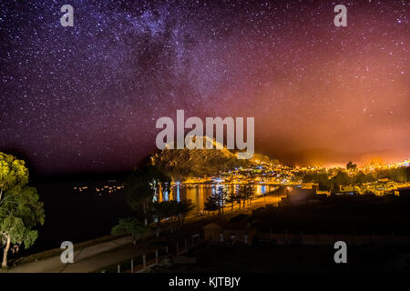 Photo taken in August 2017 in Copacabana Bolivia, South America: Night View Stars Mikly Way Copacabana Bolivia Stock Photo