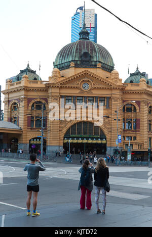 Flinders Street Railway Station at the corner of Flinders and Swanston Streets is the oldest station in Australia (1910) although the first station on Stock Photo