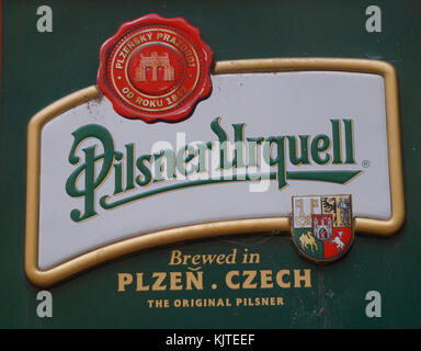 Pilsen, Czech Republic - 14.01.2017: The Pilsner Urquell logo outside the company's old brewery in Pilsen Stock Photo