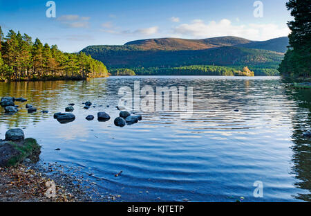 Loch an Eilein, Rothiemurchus, Cairngorms, Scottish Highlands, autumn, the island with ruined castle in the distance lit up by sunlight. Stock Photo