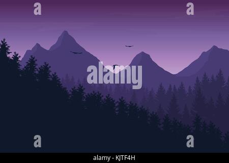 Vector illustration of mountain landscape with forest under purple night sky with clouds and flying birds, with space for text Stock Vector