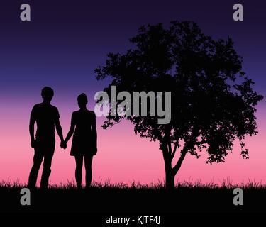 Realistic illustration of a silhouette of a loved man and woman on a romantic stroll through a landscape with trees under a blue sky with dawn - vecto Stock Vector