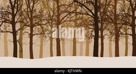 Vector illustration of a winter forest without leaves with snow and hazy backgrounds Stock Vector