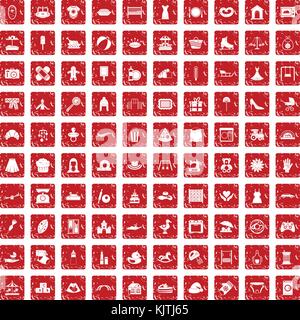 100 motherhood icons set grunge red Stock Vector
