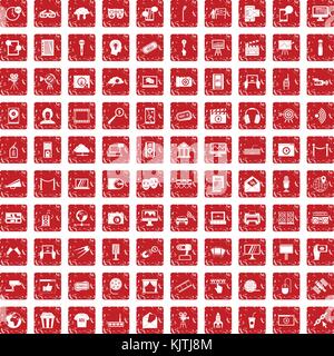 100 multimedia icons set grunge red Stock Vector