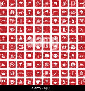 100 mountaineering icons set grunge red Stock Vector