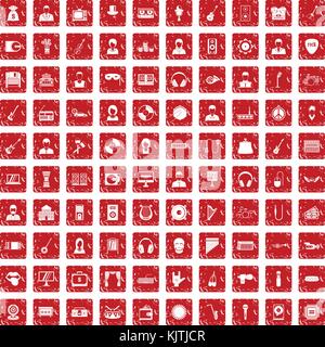 100 music icons set grunge red Stock Vector