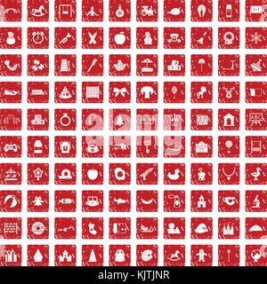 100 nursery school icons set grunge red Stock Vector