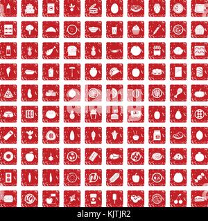100 nutrition icons set grunge red Stock Vector