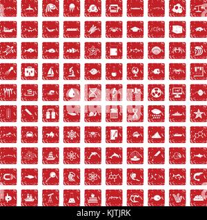 100 oceanology icons set grunge red Stock Vector