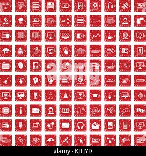 100 on-line seminar icons set grunge red Stock Vector