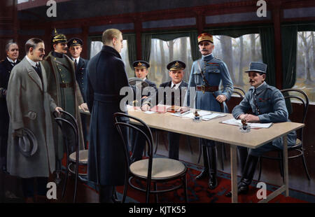FIRST WORLD WAR ARMISTICE signing 11 November 1918. From left: German Admiral Ernst VANESLOW, German Count Alfred von OBERNDORFF of the Foreign Ministry, German General Detlof von WINTERFELDT (helmeted)), British naval officer Captain Jack MARRIOTT Standing in front of the table, Matthias ERZBERGER Head of the German Delegation. Behind the table are British naval officers, Rear-Admiral George HOPE, First Sea Lord Admiral Sir Rosslyn WEMYSS, and the French representatives, Marshal Ferdinand FOCH (standing), and General Maxime WEYGAND Stock Photo