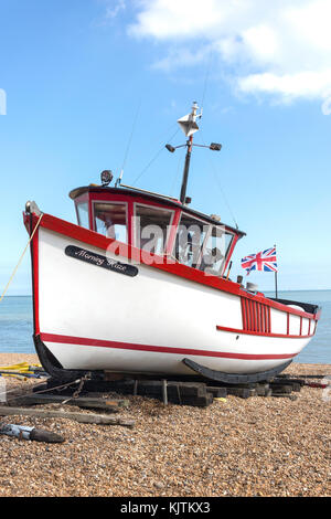 'Morning Haze' fishing boat on beach, Deal, Kent, England, United Kingdom Stock Photo